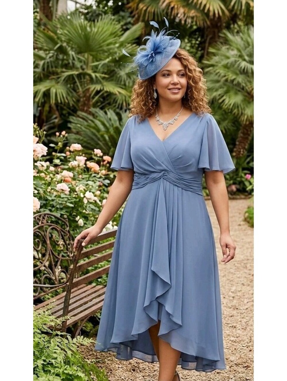 Smokey Blue MIDI CHIFFON High-Low Formal Dress NBN Sz 16 Pleated Waist Flutter